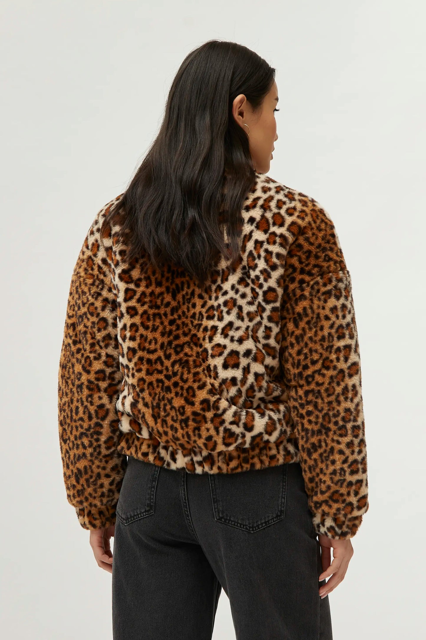 Leopard print fur bomber