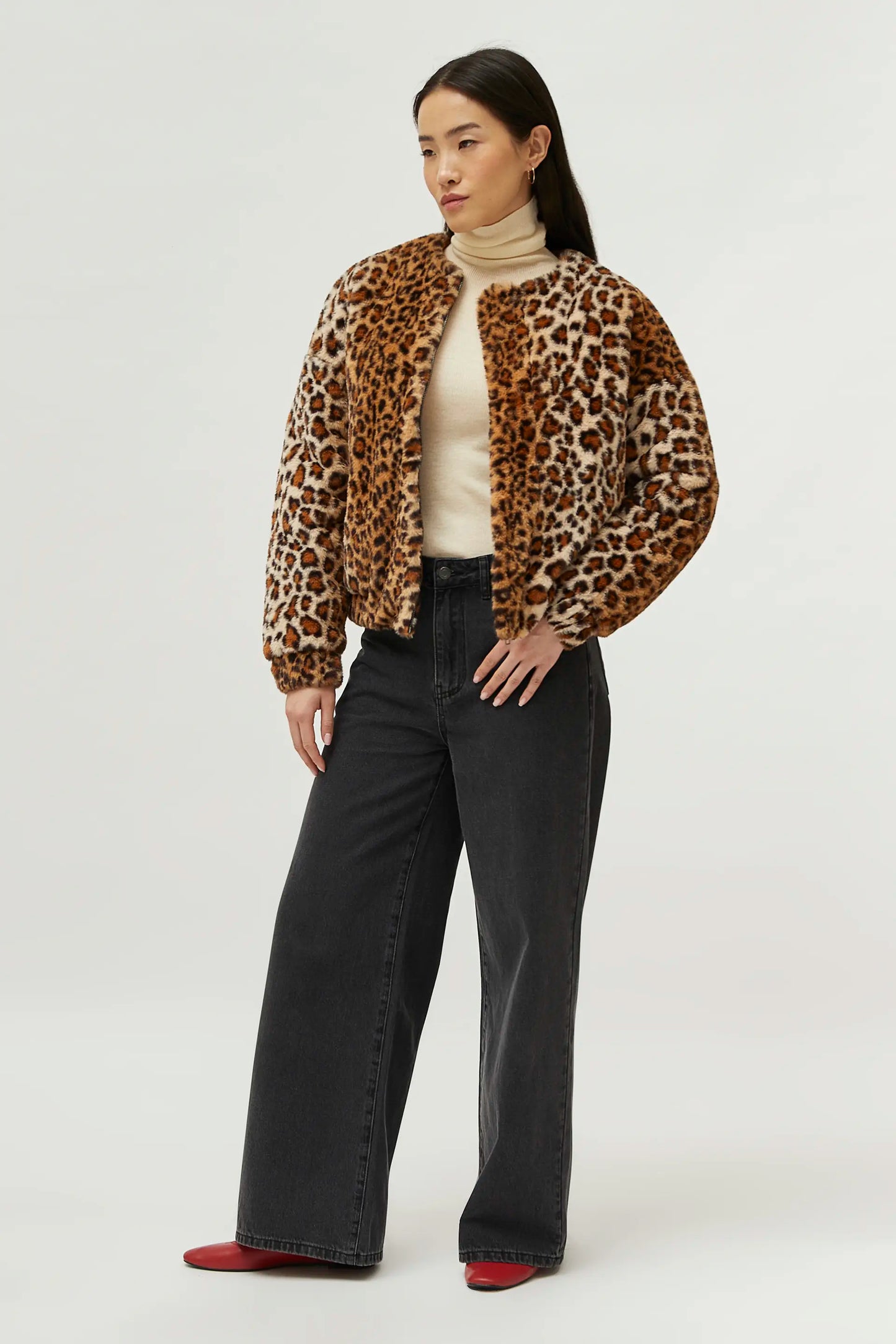 Leopard print fur bomber