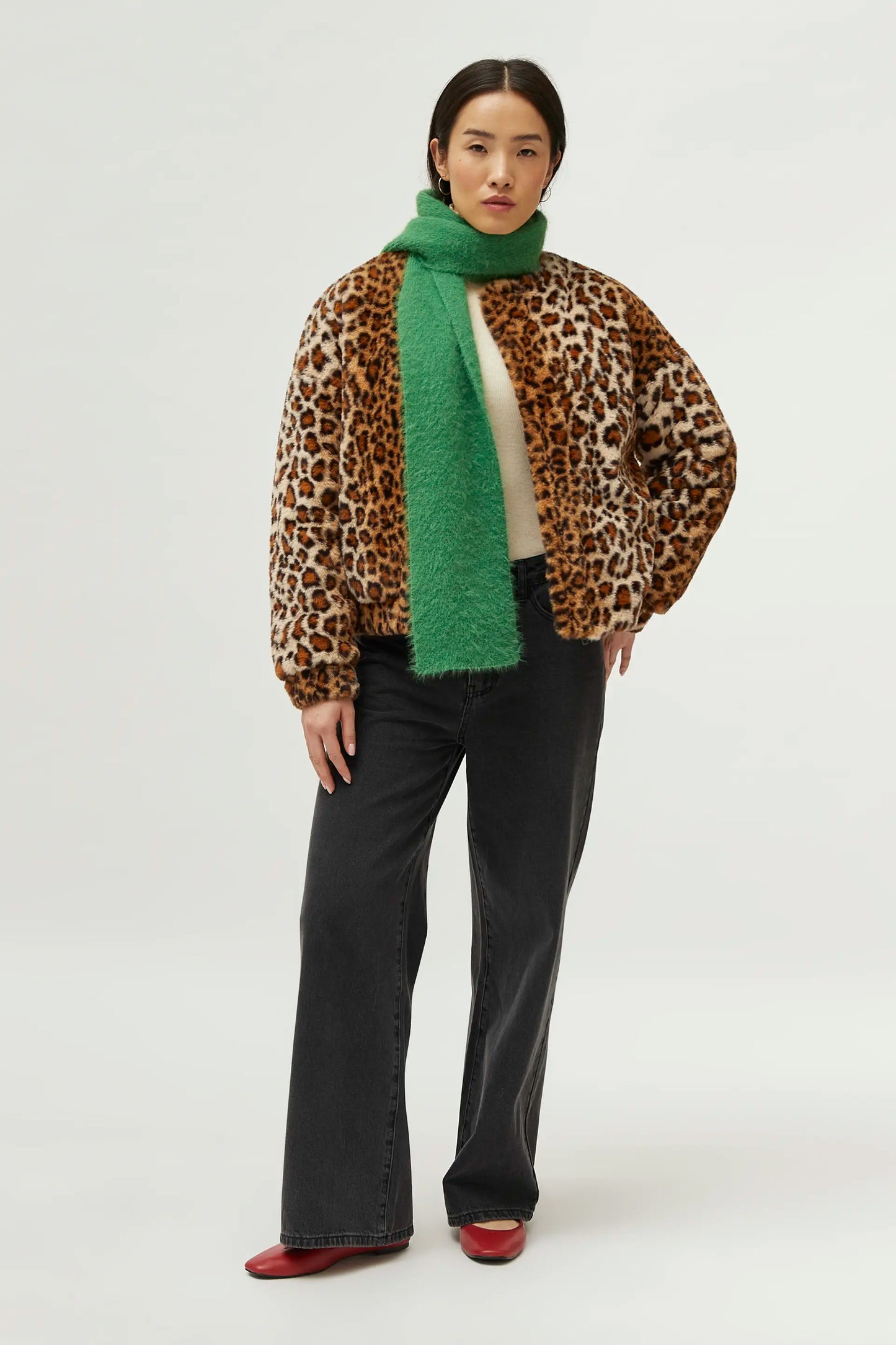 Leopard print fur bomber