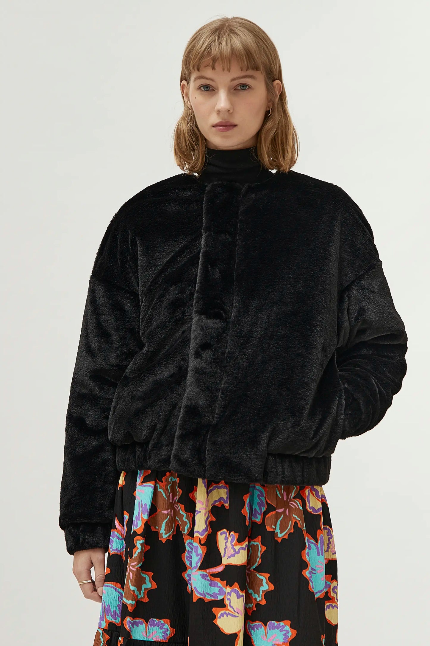 Black faux fur bomber jacket