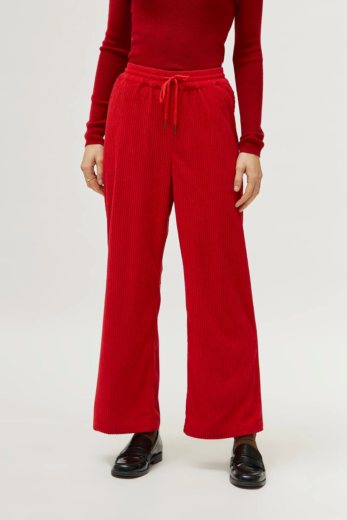 Red elastic waist corduroy pants