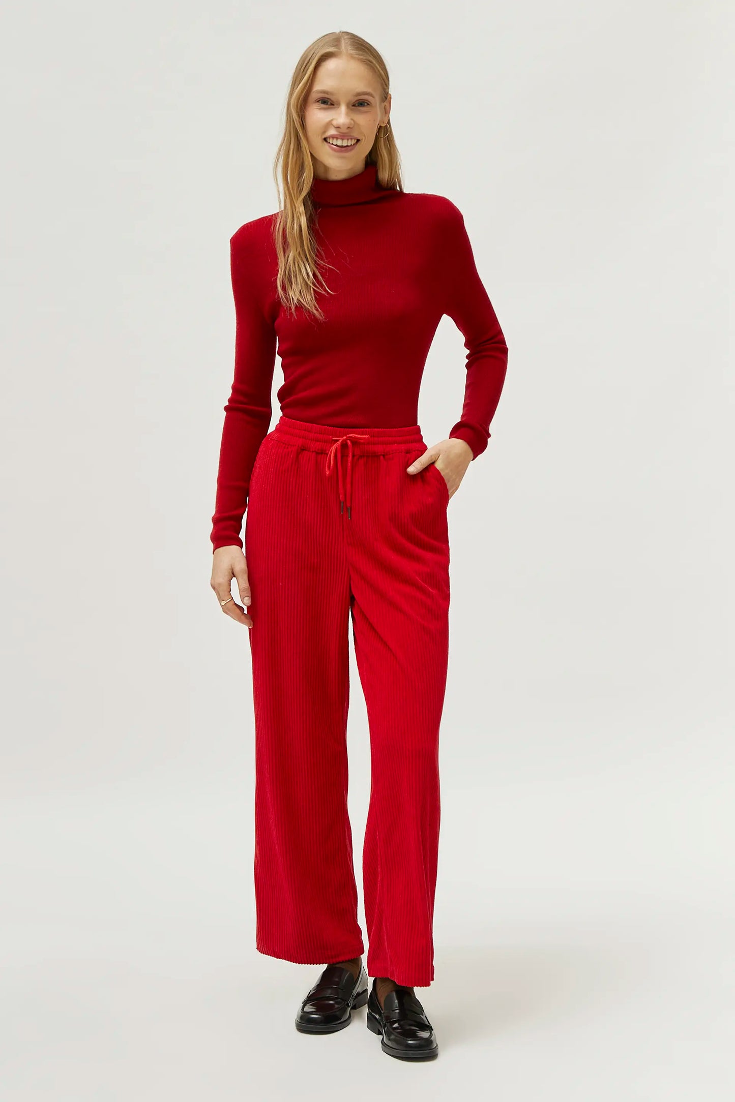 Red elastic waist corduroy pants