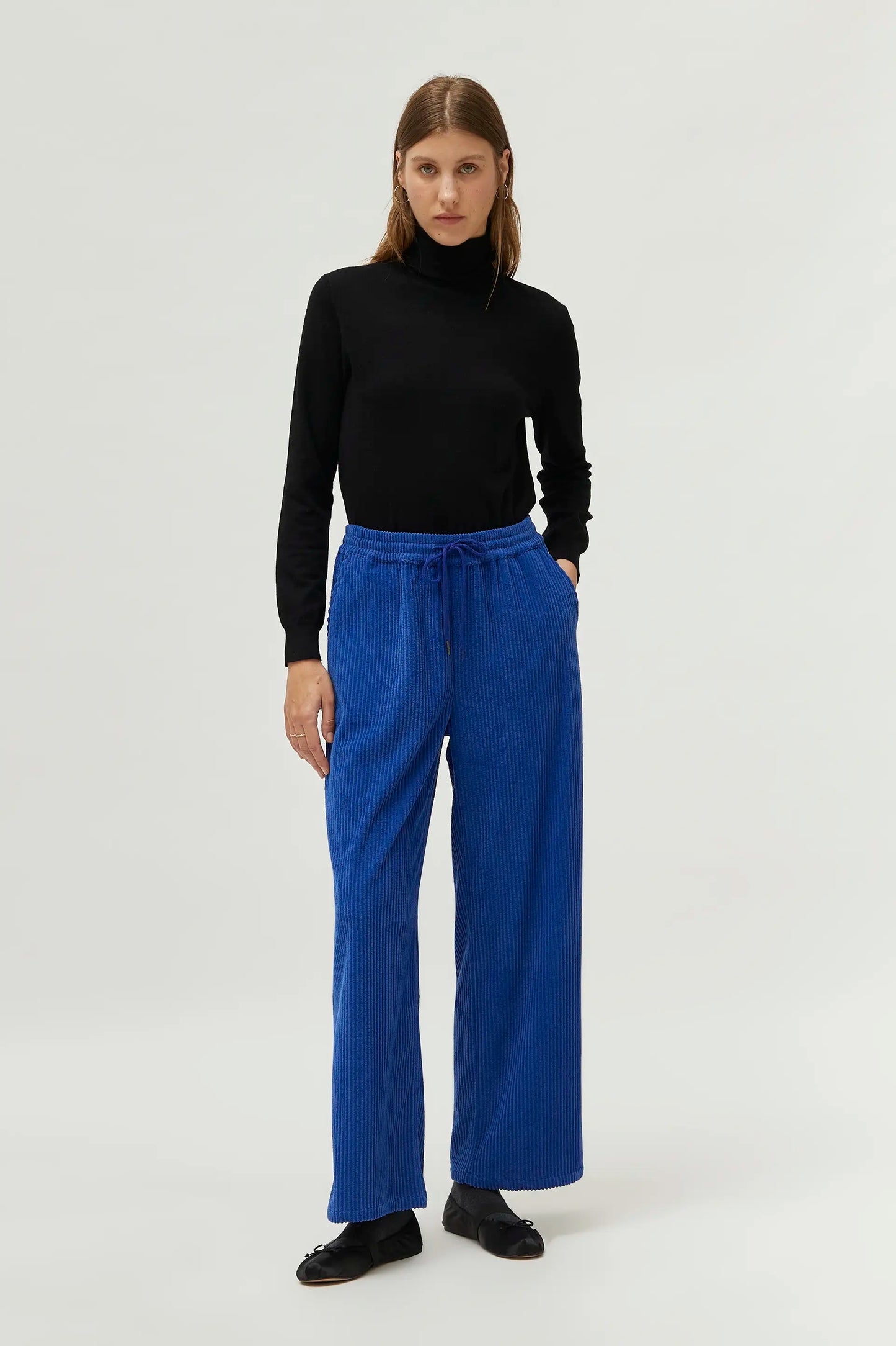 Blue elastic waist corduroy pants