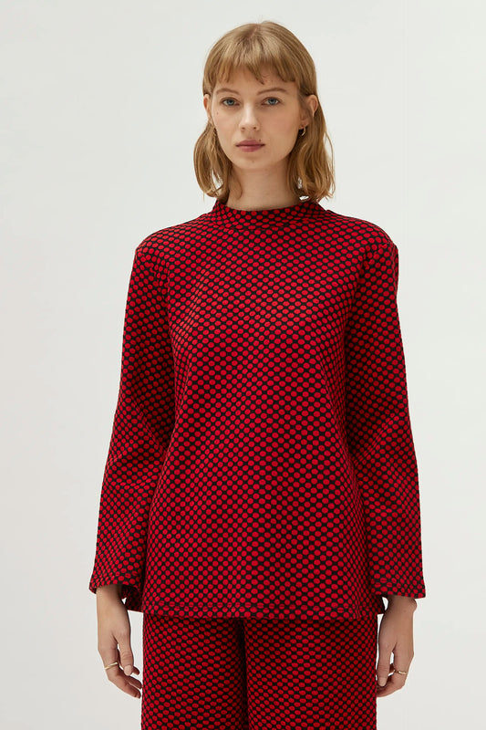 Red jacquard printed knit top