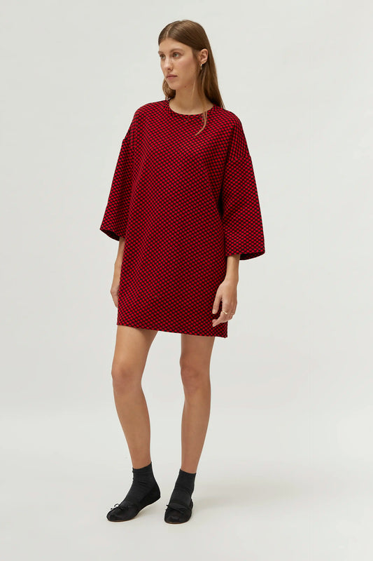 Short red jacquard printed knit dress