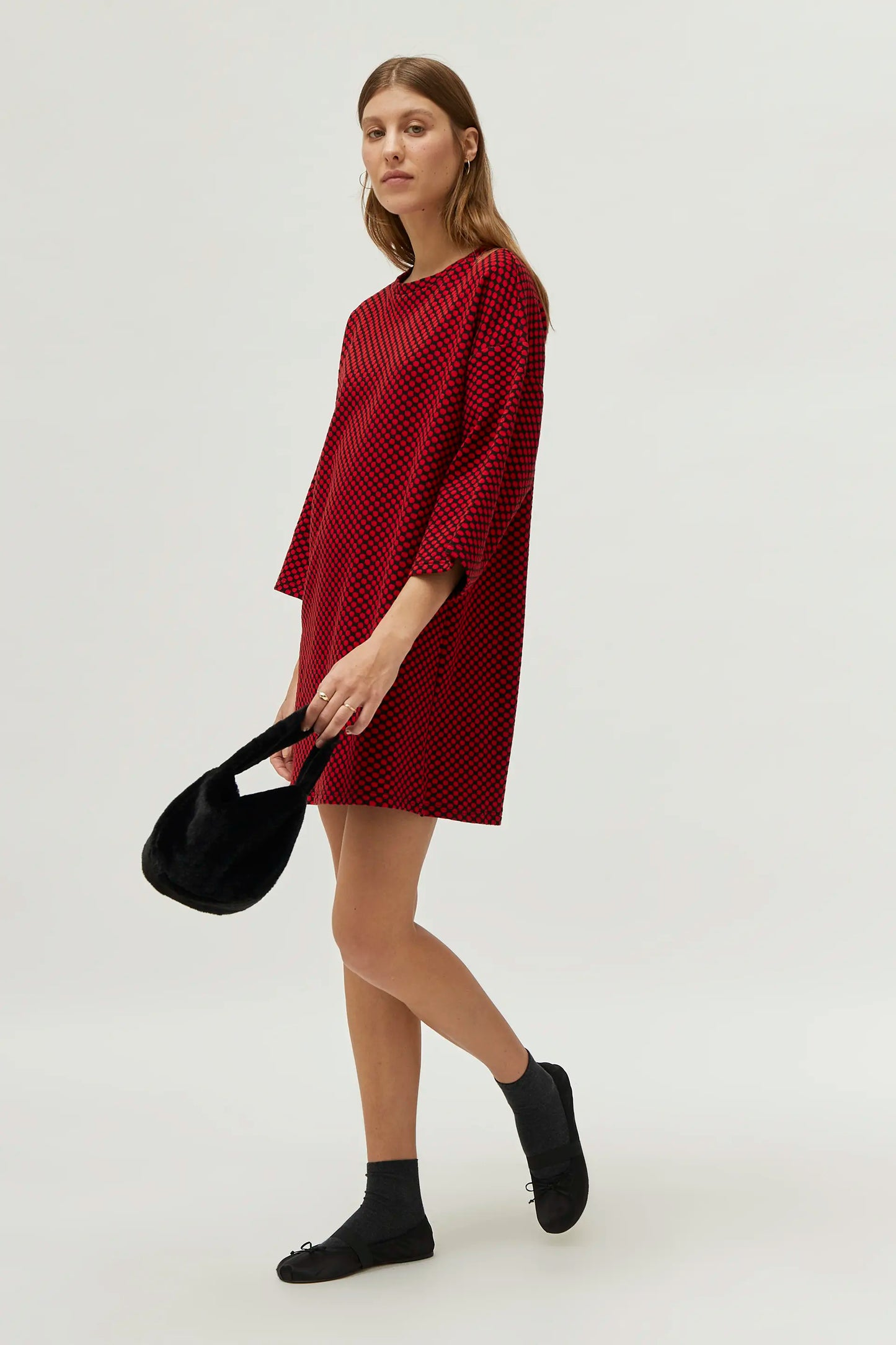 Short red jacquard printed knit dress