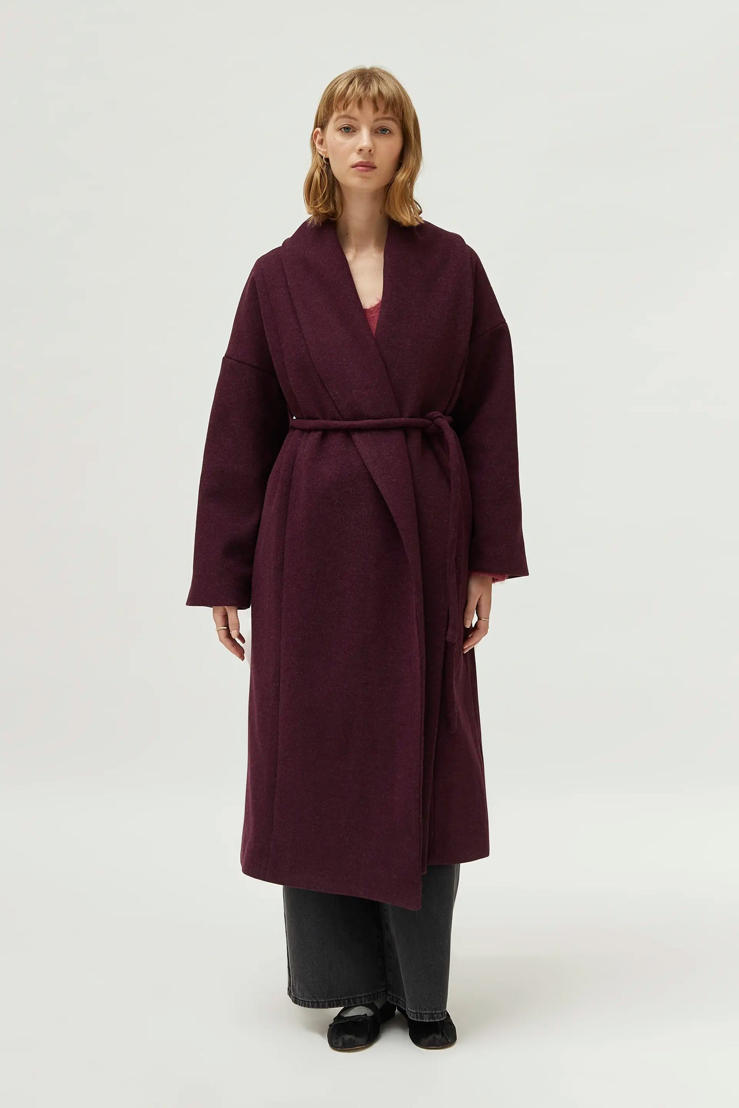 Burgundy open midi coat