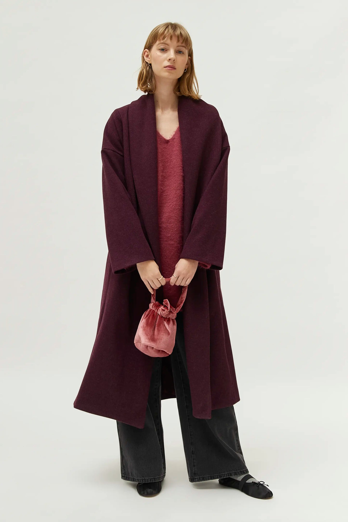 Burgundy open midi coat