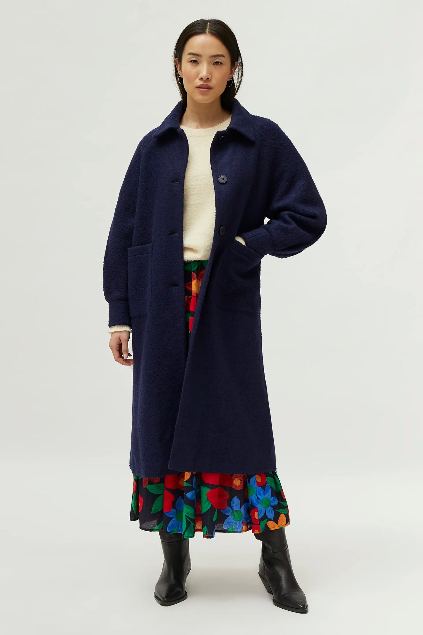 Cappotto midi bouclé blu navy