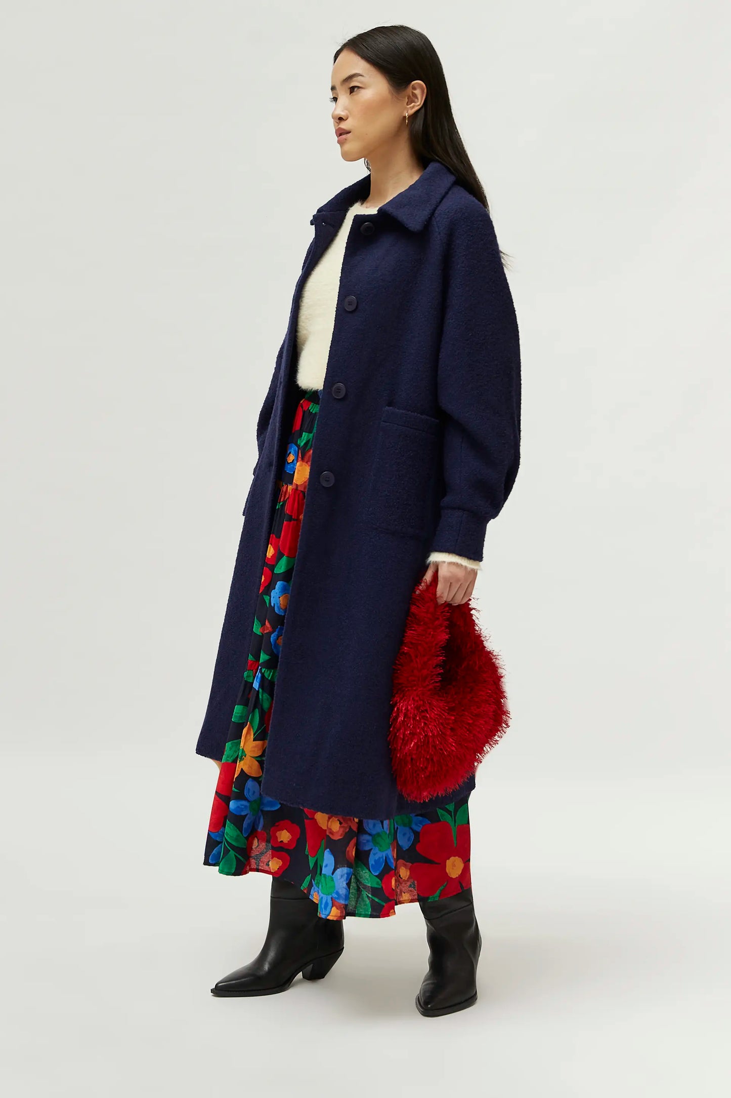 Navy blue bouclé midi coat