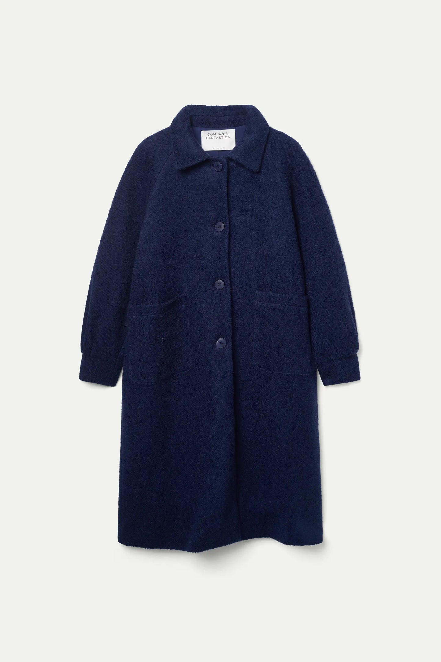 Navy blue bouclé midi coat