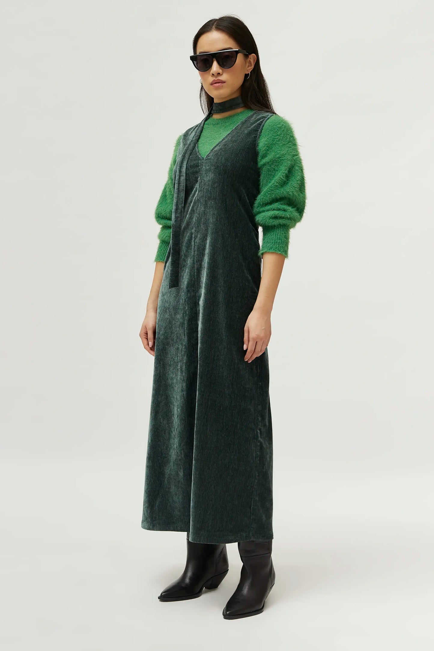 Long green chenille dress