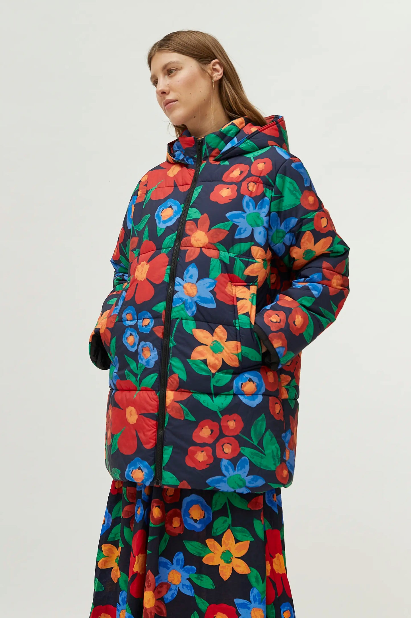 Multicolor floral print quilted coat