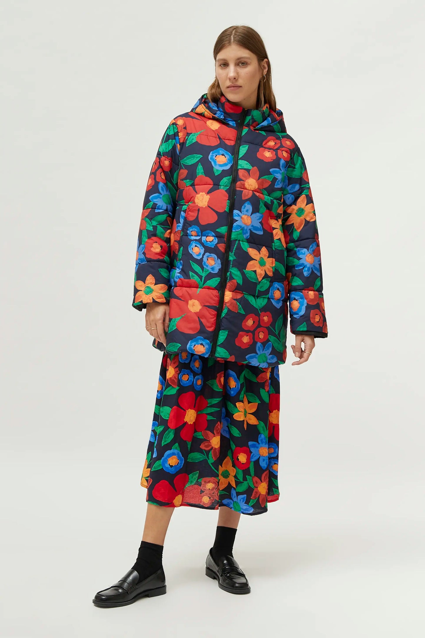 Multicolor floral print quilted coat