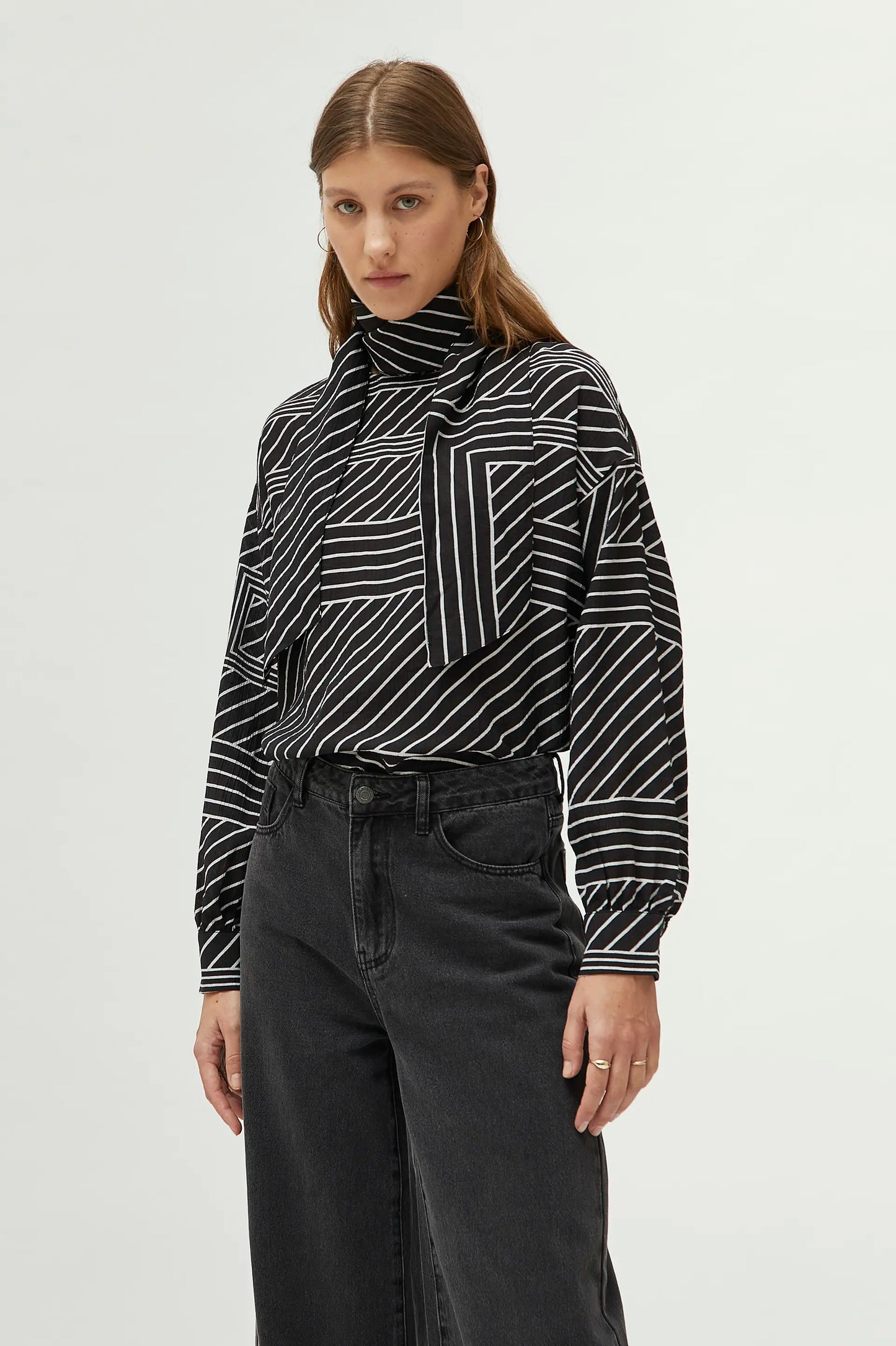 Top with black striped printed scarf