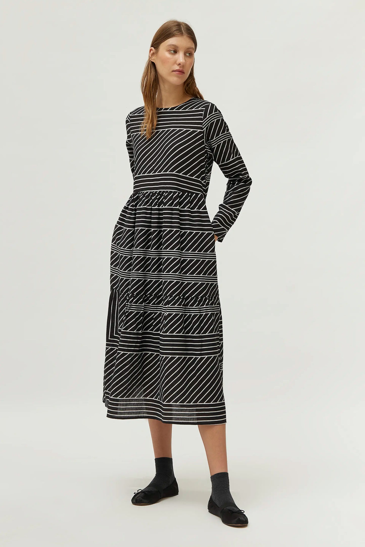 Black striped print midi dress