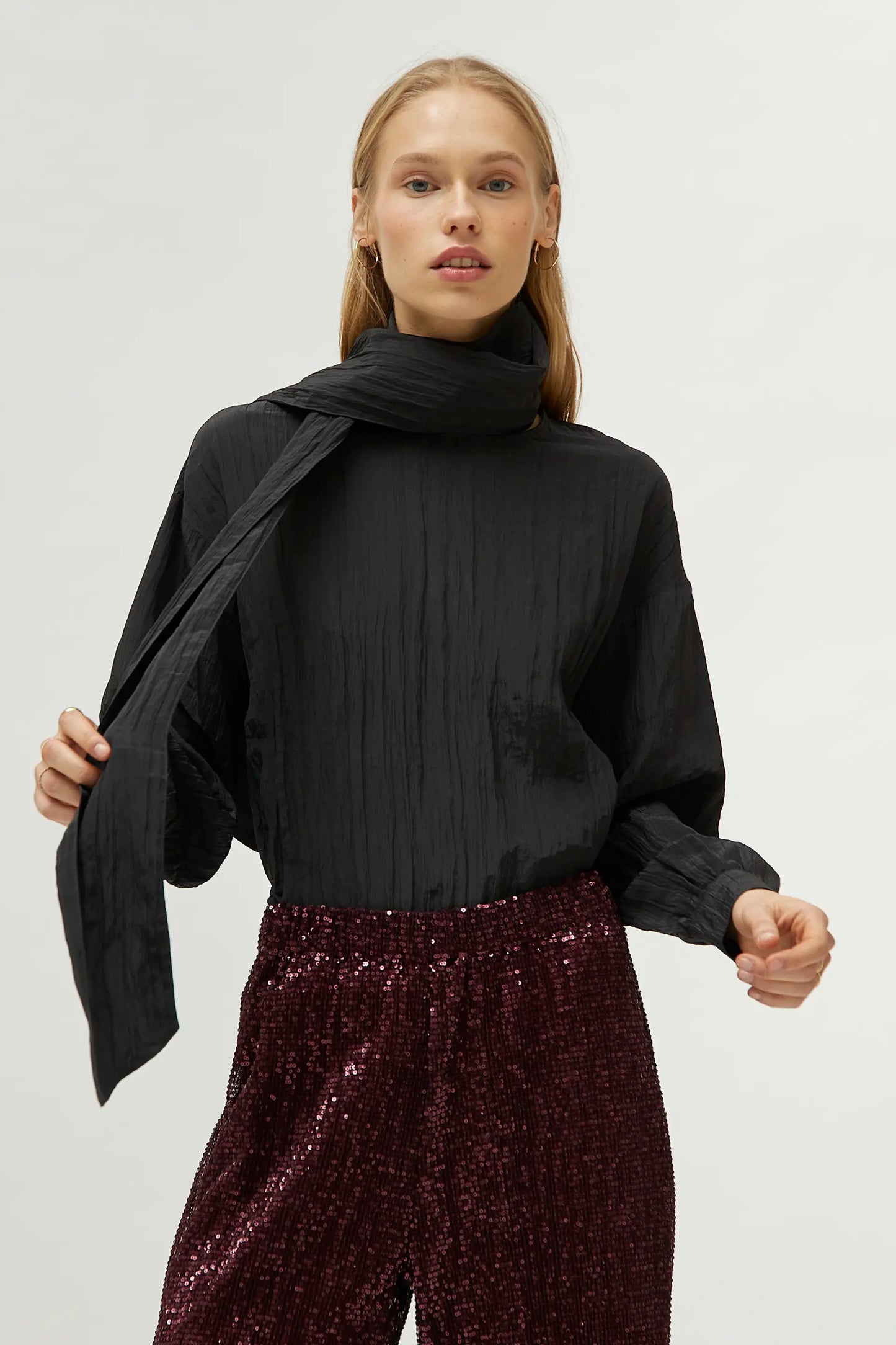 Satin top with black scarf