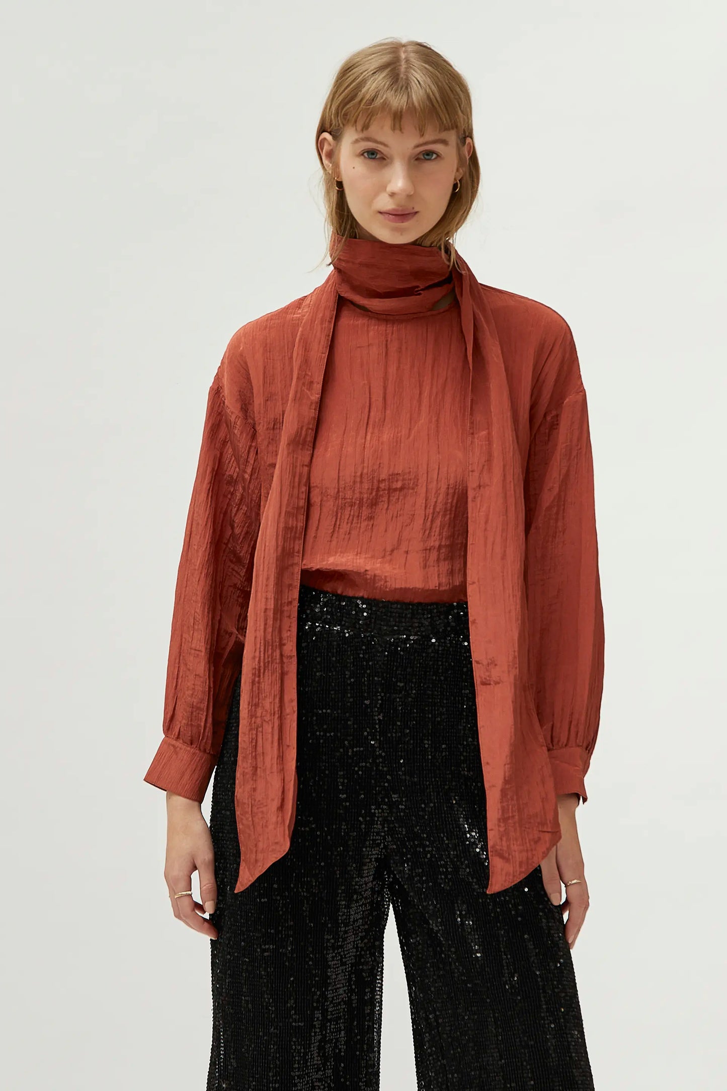 Satin top with brown scarf