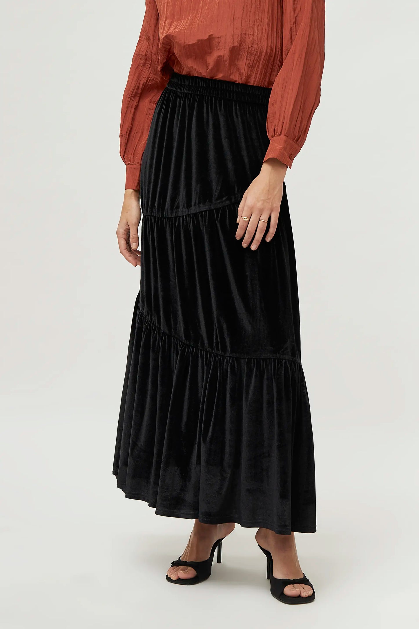 Long black velvet skirt with gathers