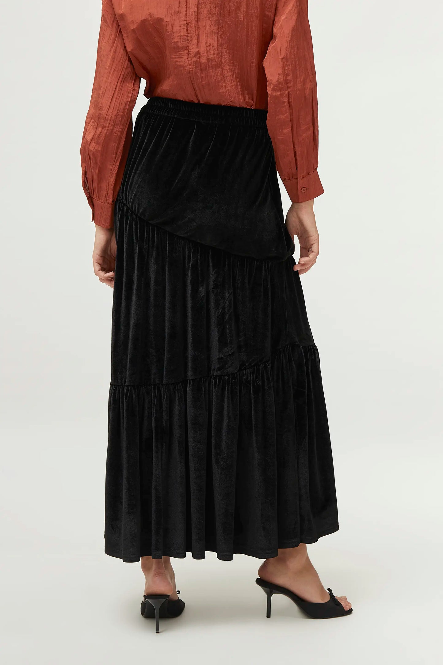 Long black velvet skirt with gathers