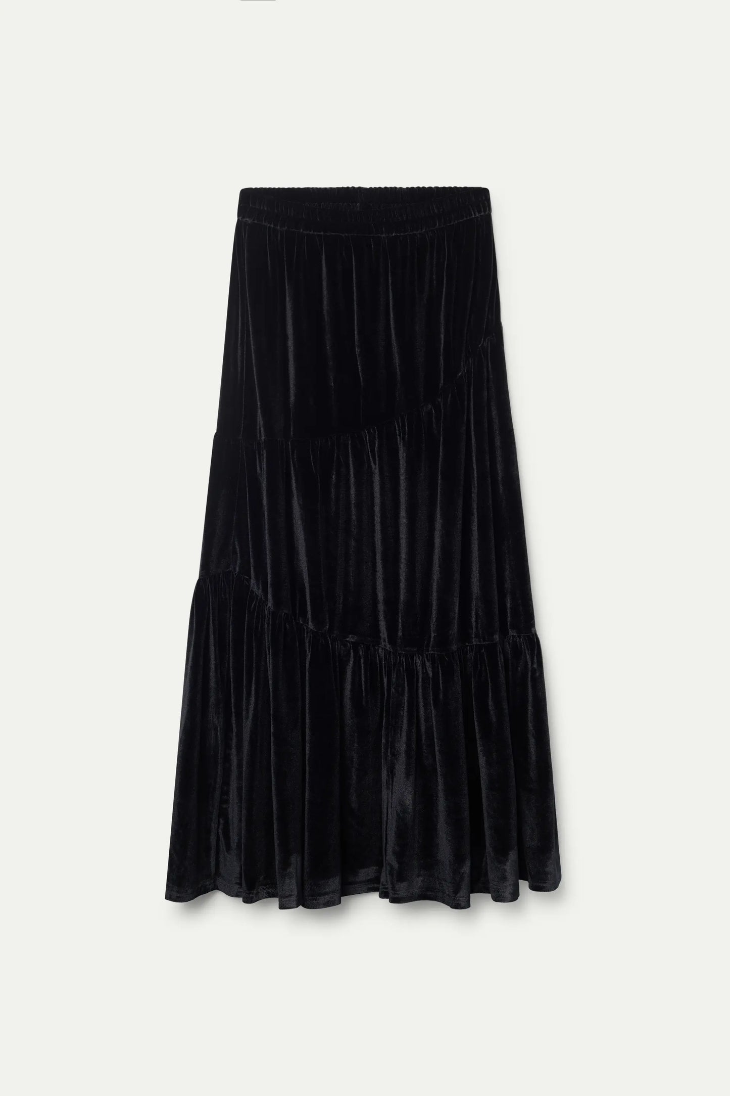 Long black velvet skirt with gathers