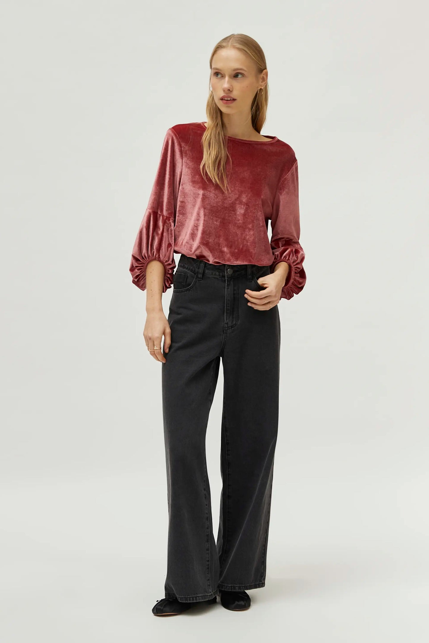 Pink puff sleeve velvet top