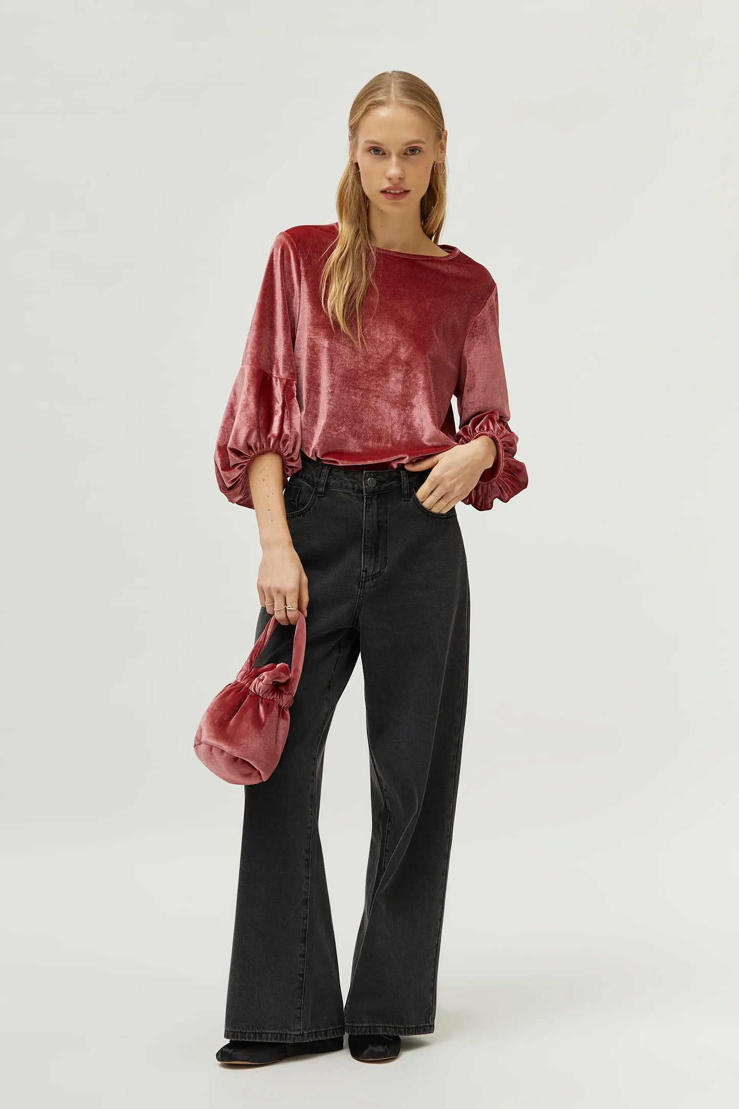 Pink puff sleeve velvet top