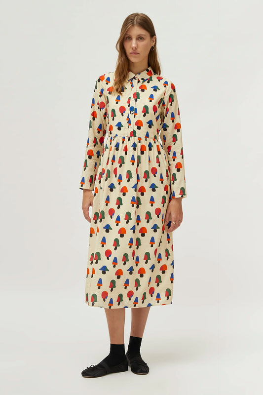 Multicolored mushroom print midi dress