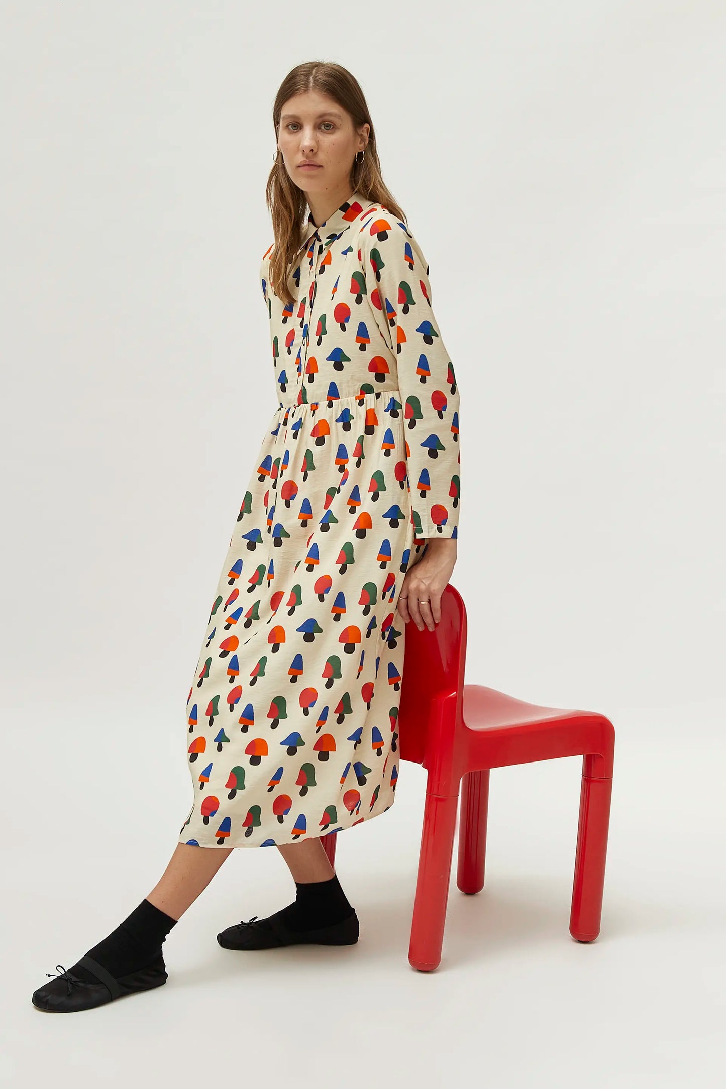 Multicolored mushroom print midi dress