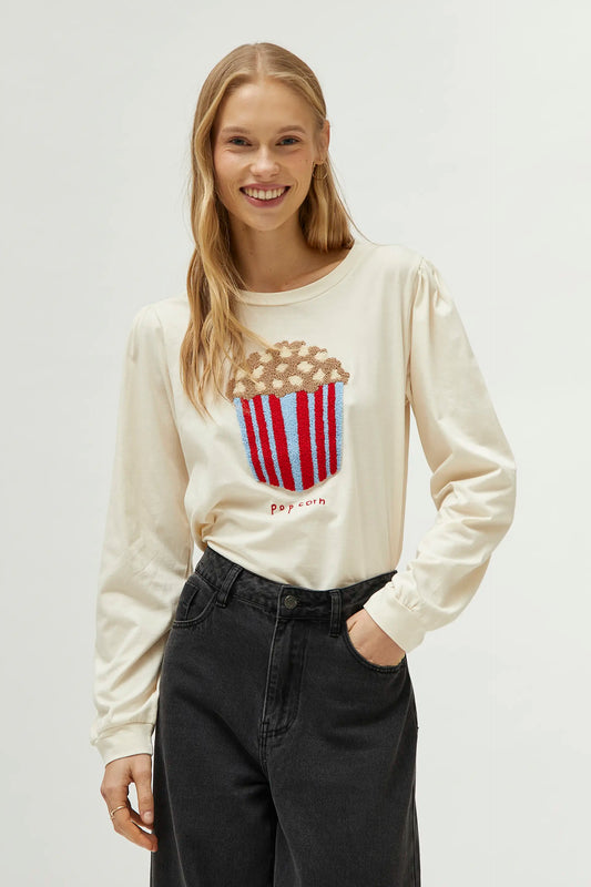 Camiseta con print de palomitas blanco crema