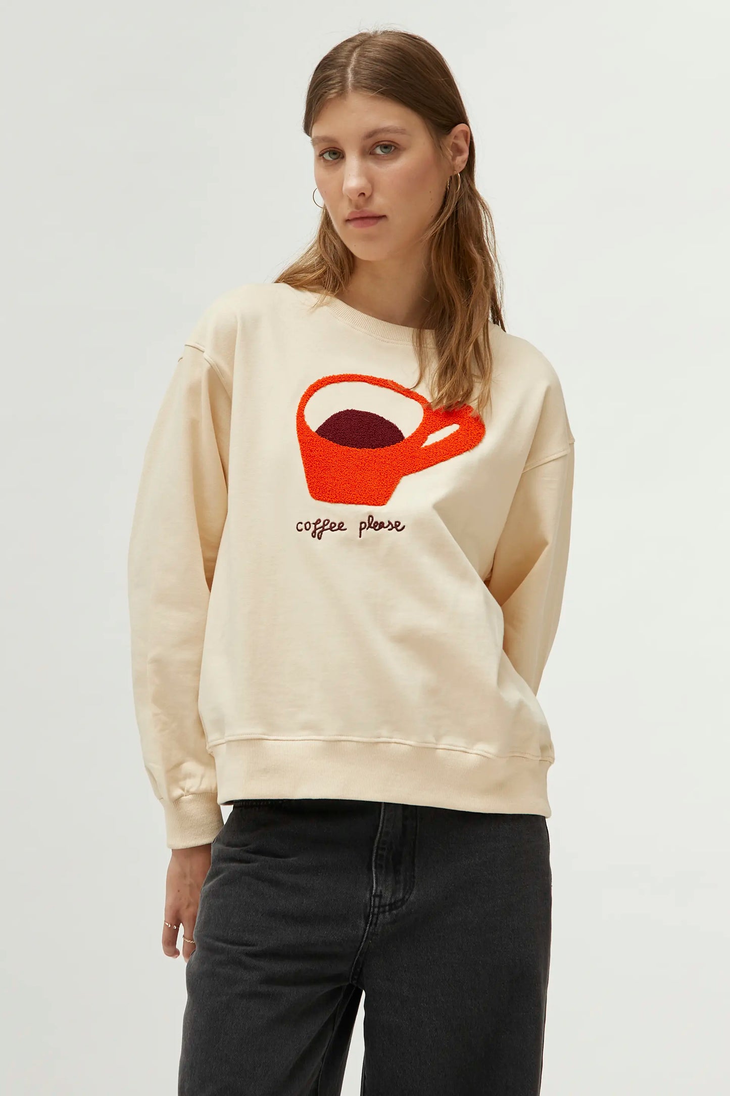 Cream White Coffee Print Sweatshirt