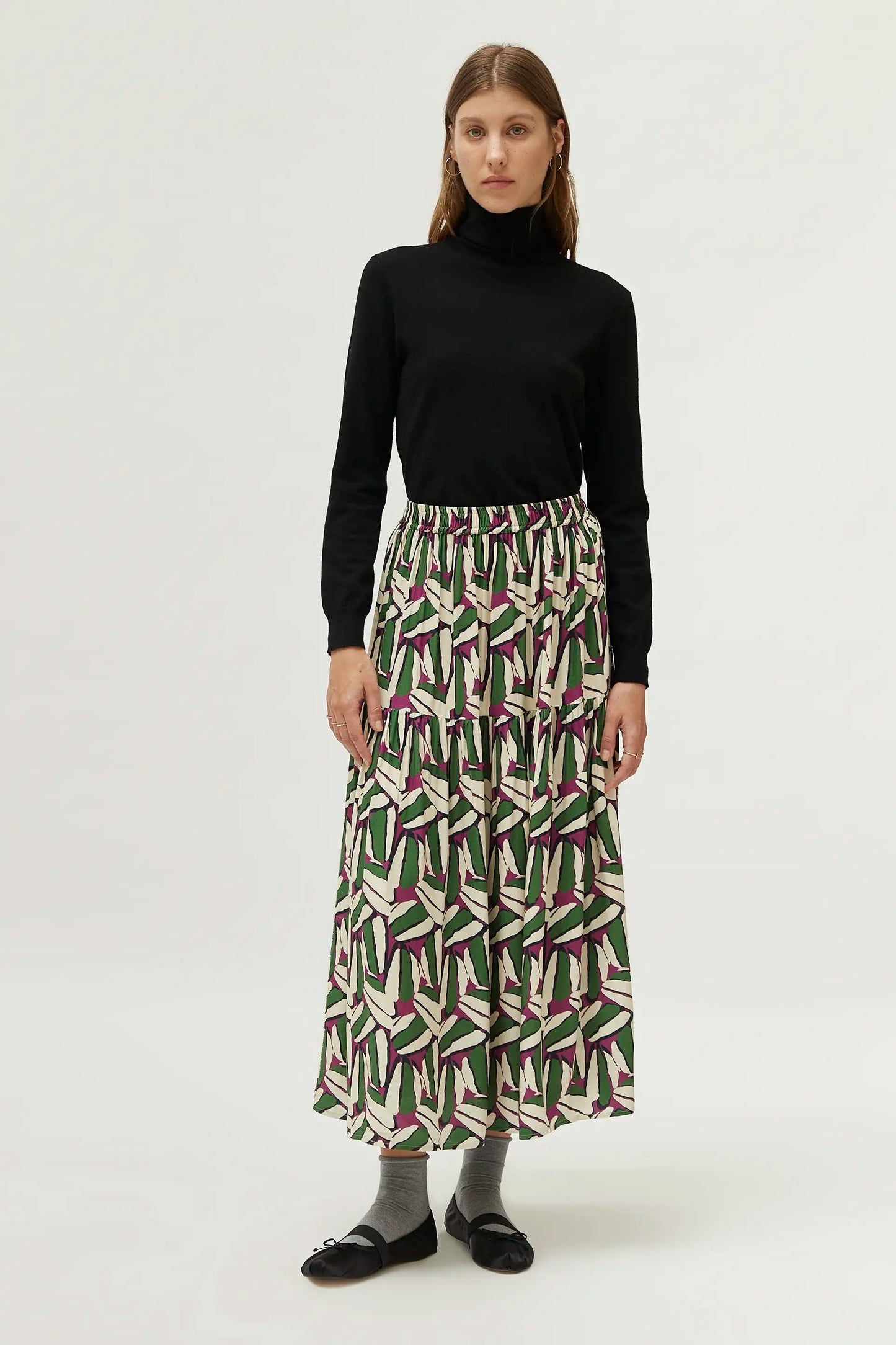 Green geometric print long skirt