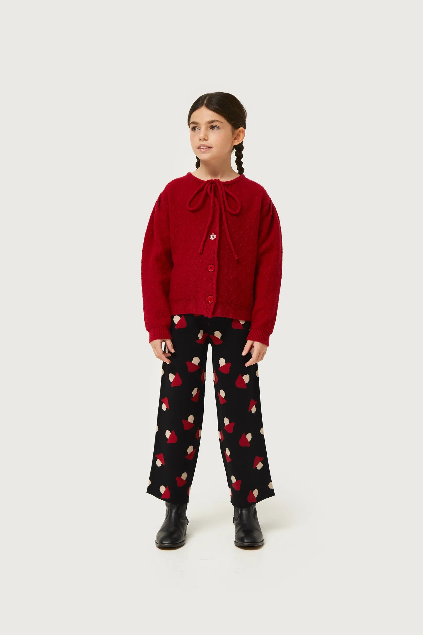 Girl's black mushroom print jacquard knit pants