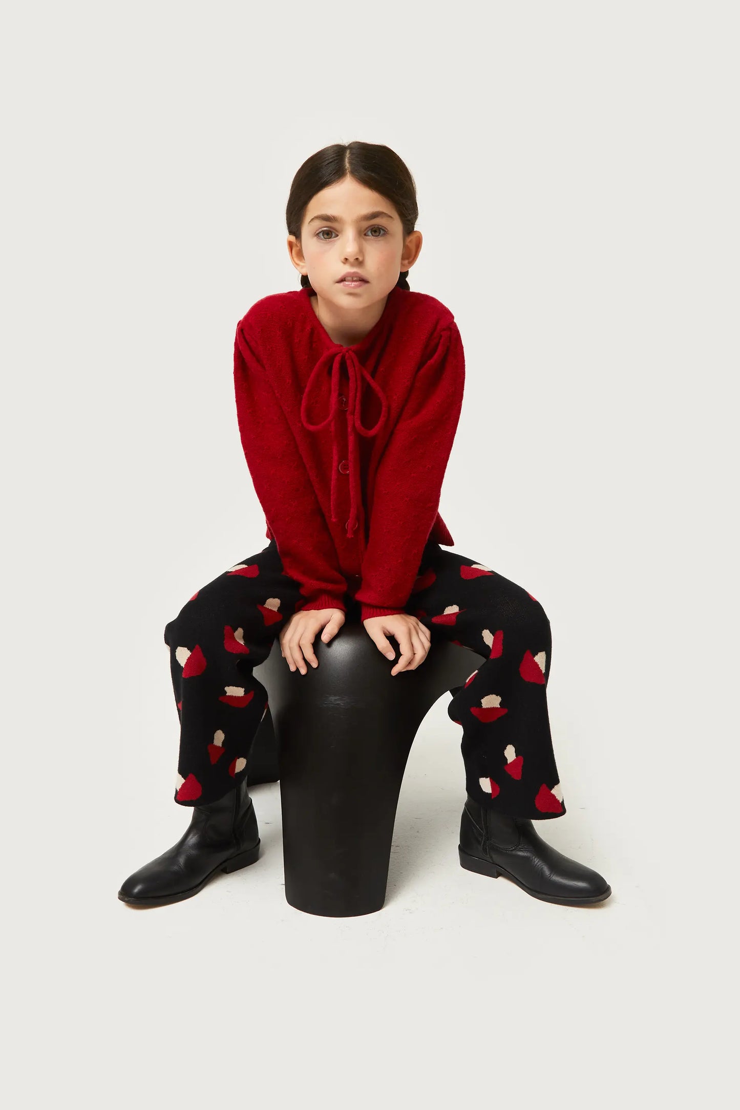 Girl's black mushroom print jacquard knit pants