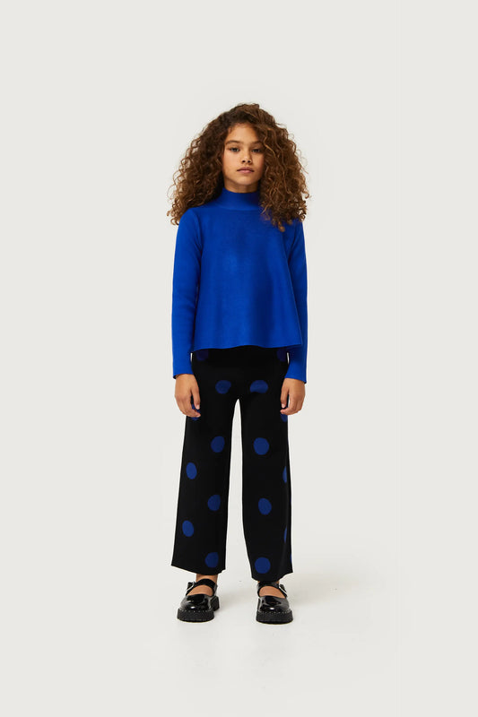 Maglione collo Perkins blu svasato da bambina