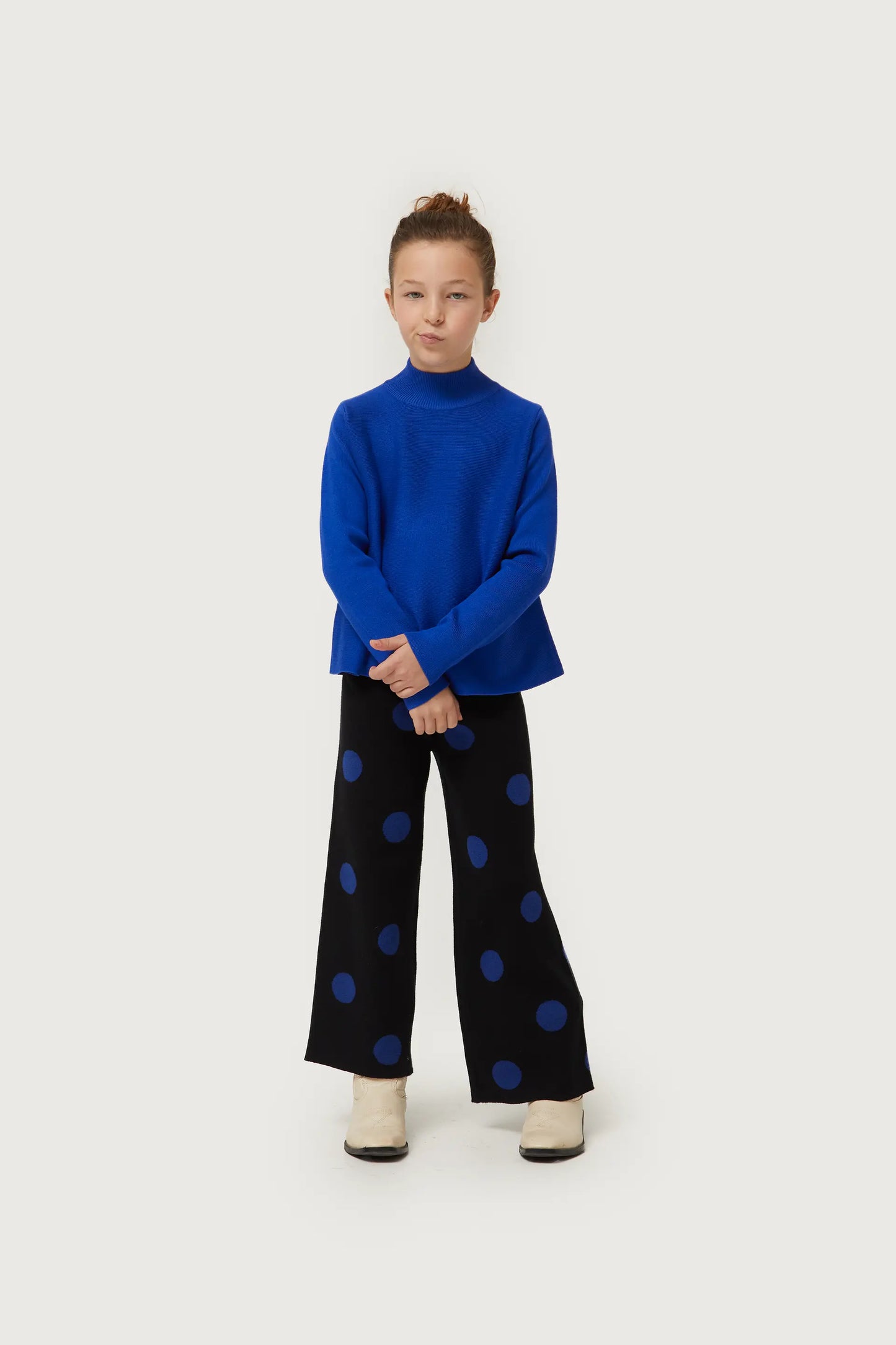 Girl's blue polka dot printed jacquard knit pants