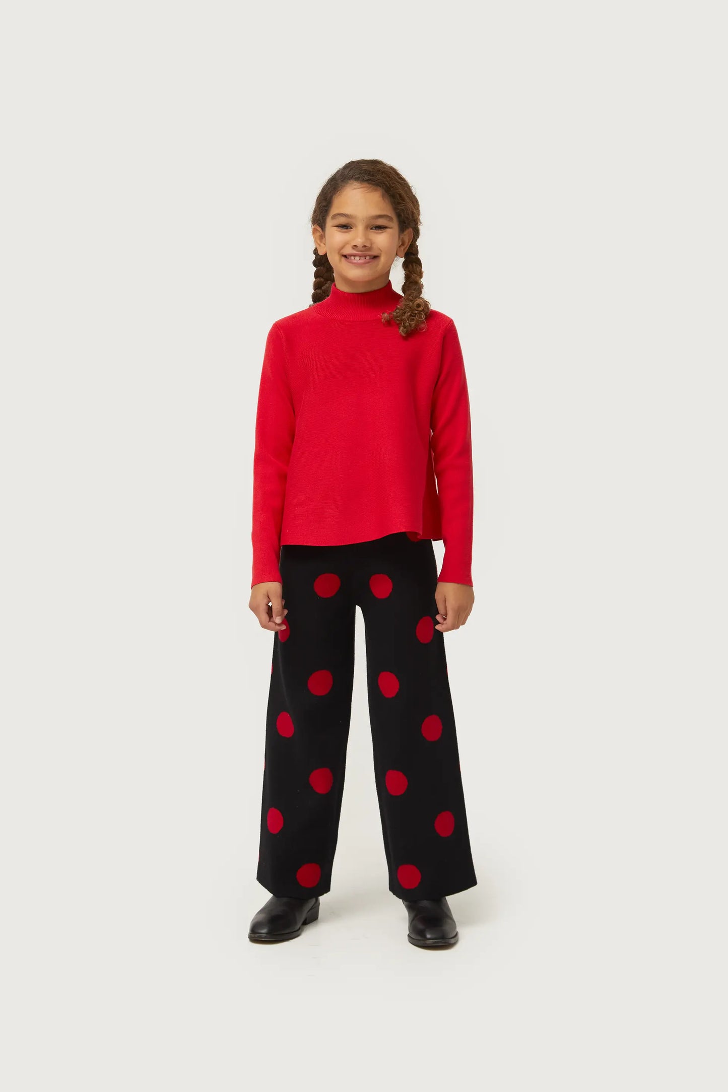 Girl's red polka dot printed jacquard knit pants