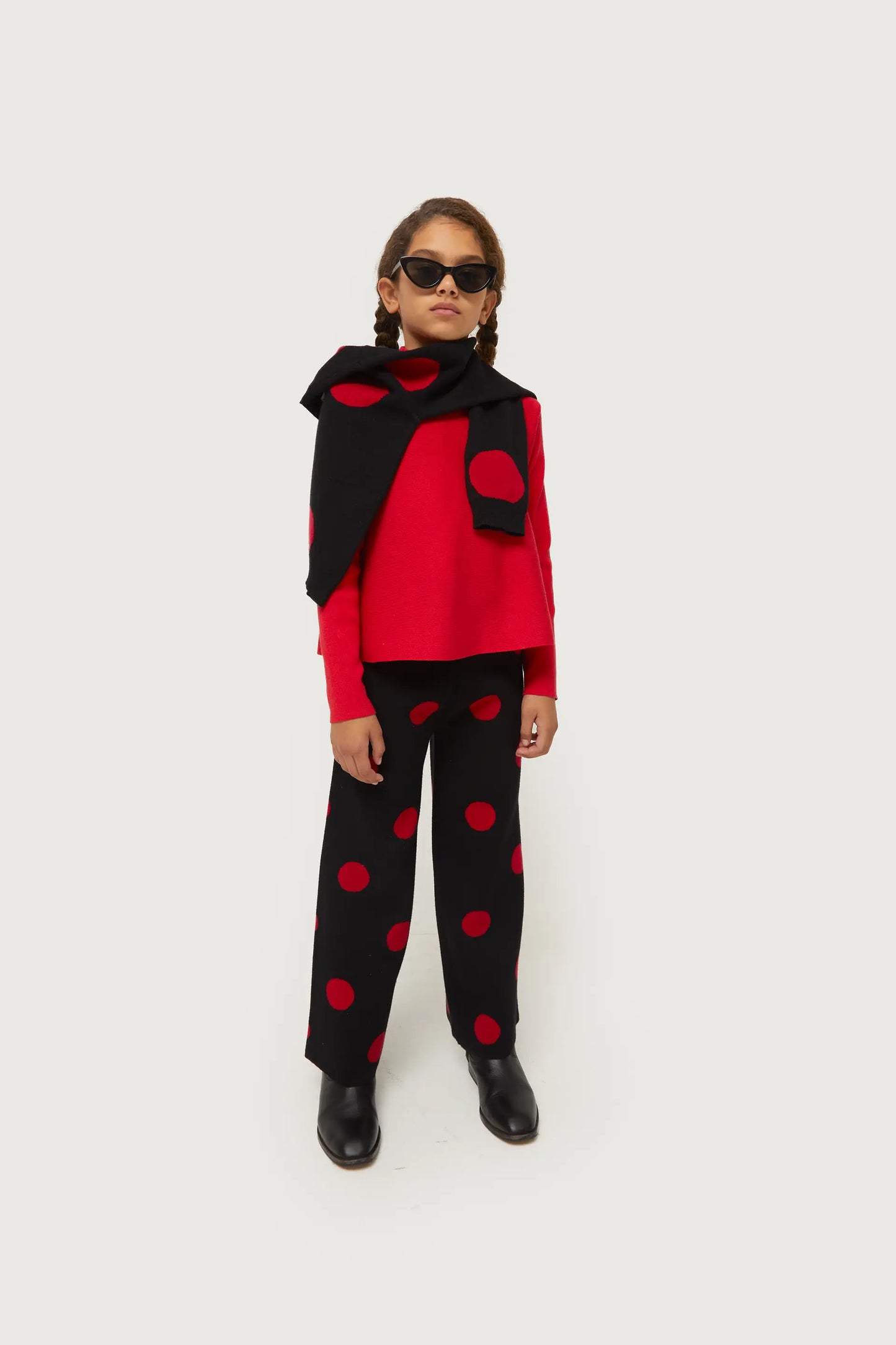 Girl's red polka dot printed jacquard knit pants