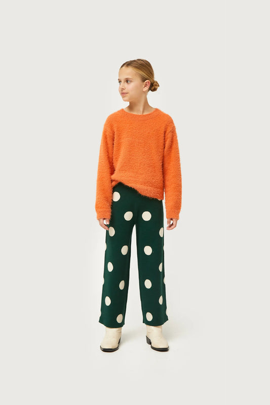 Pantaloni da bambina in maglia jacquard stampata a pois bianchi