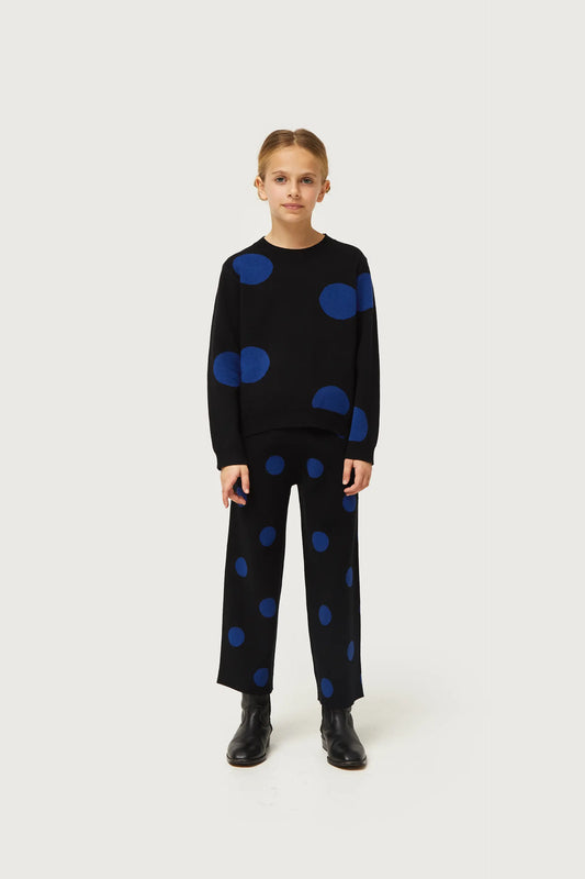 Maglione da bambina in maglia jacquard stampata a pois blu