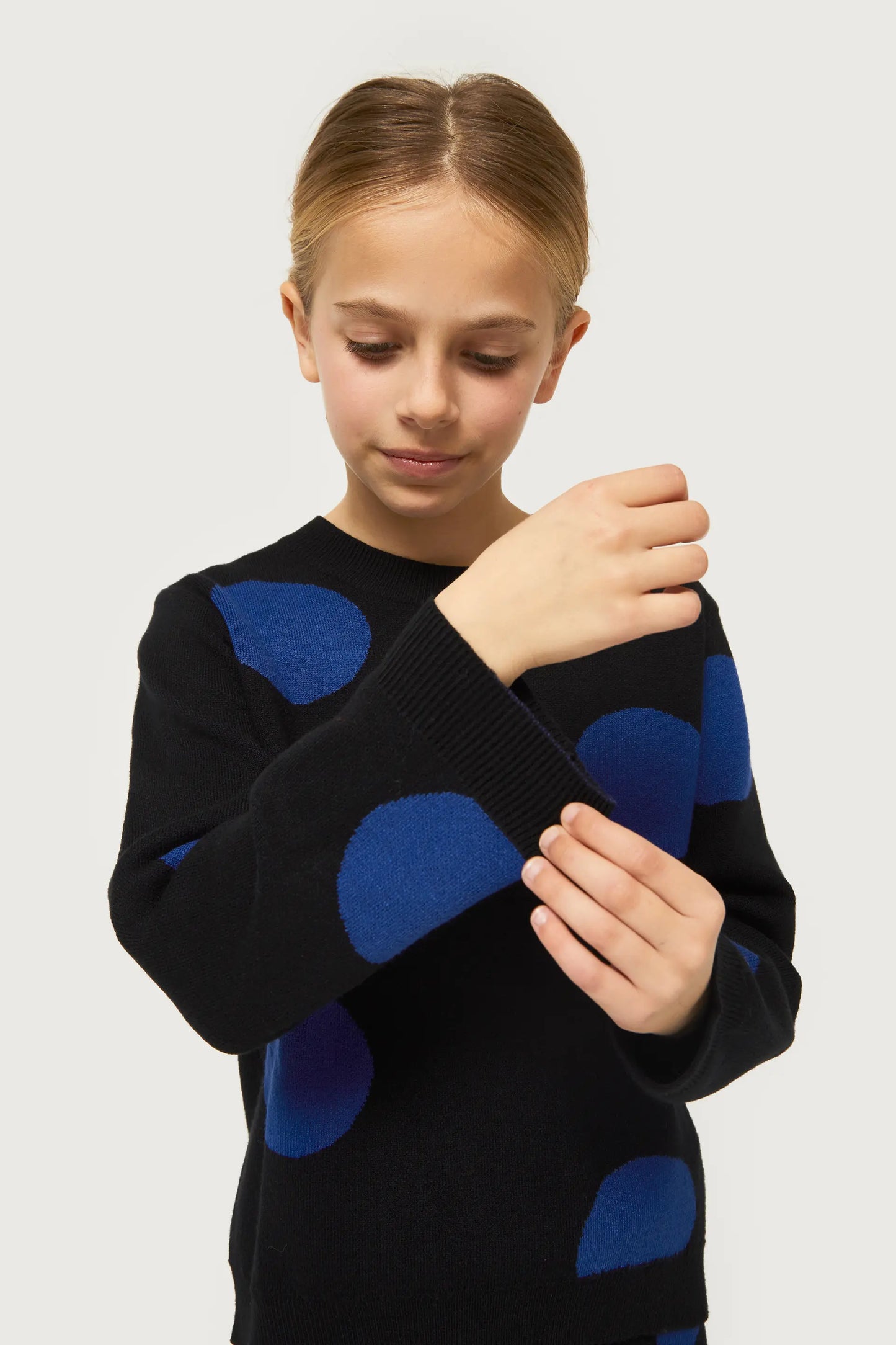 Girl's blue polka dot printed jacquard knit sweater