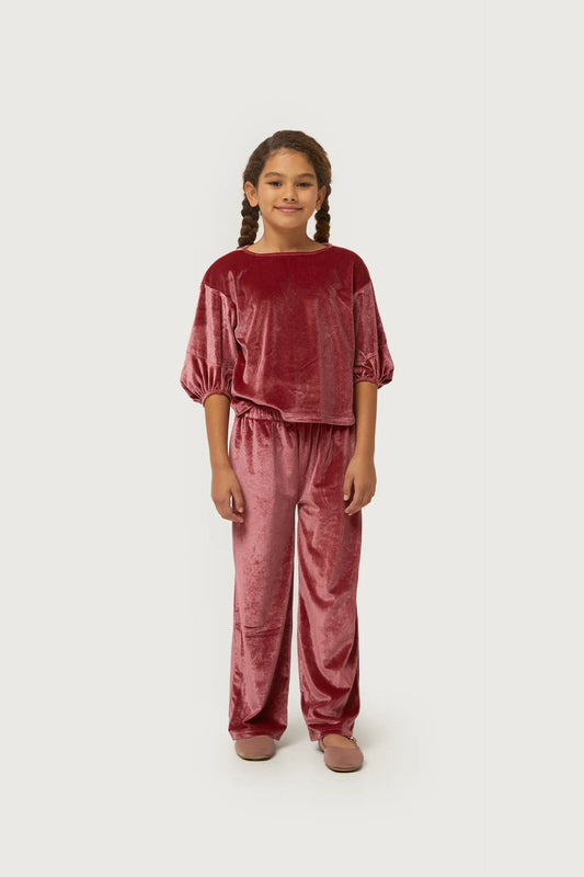 Top de niña de terciopelo manga abullonada rosa