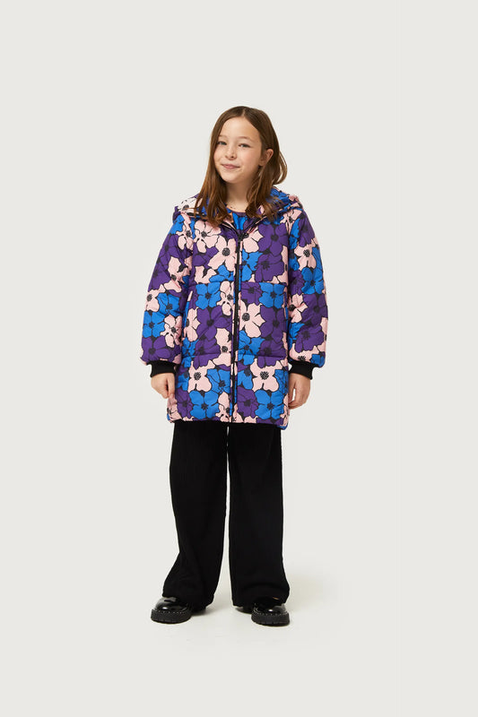 Abrigo de niña acolchado estampado flores azules