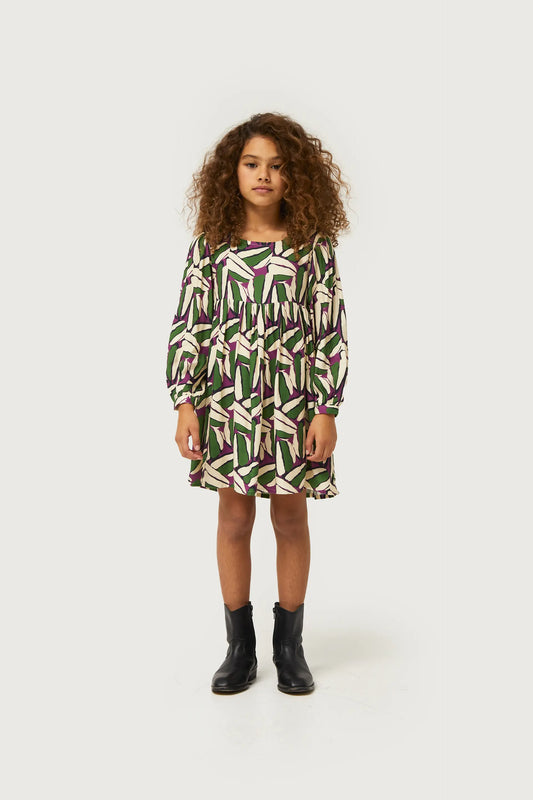 Vestido corto de niña estampado geométrico verde