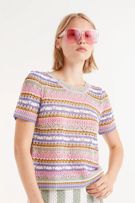 Top in maglia traforata a righe multicolor