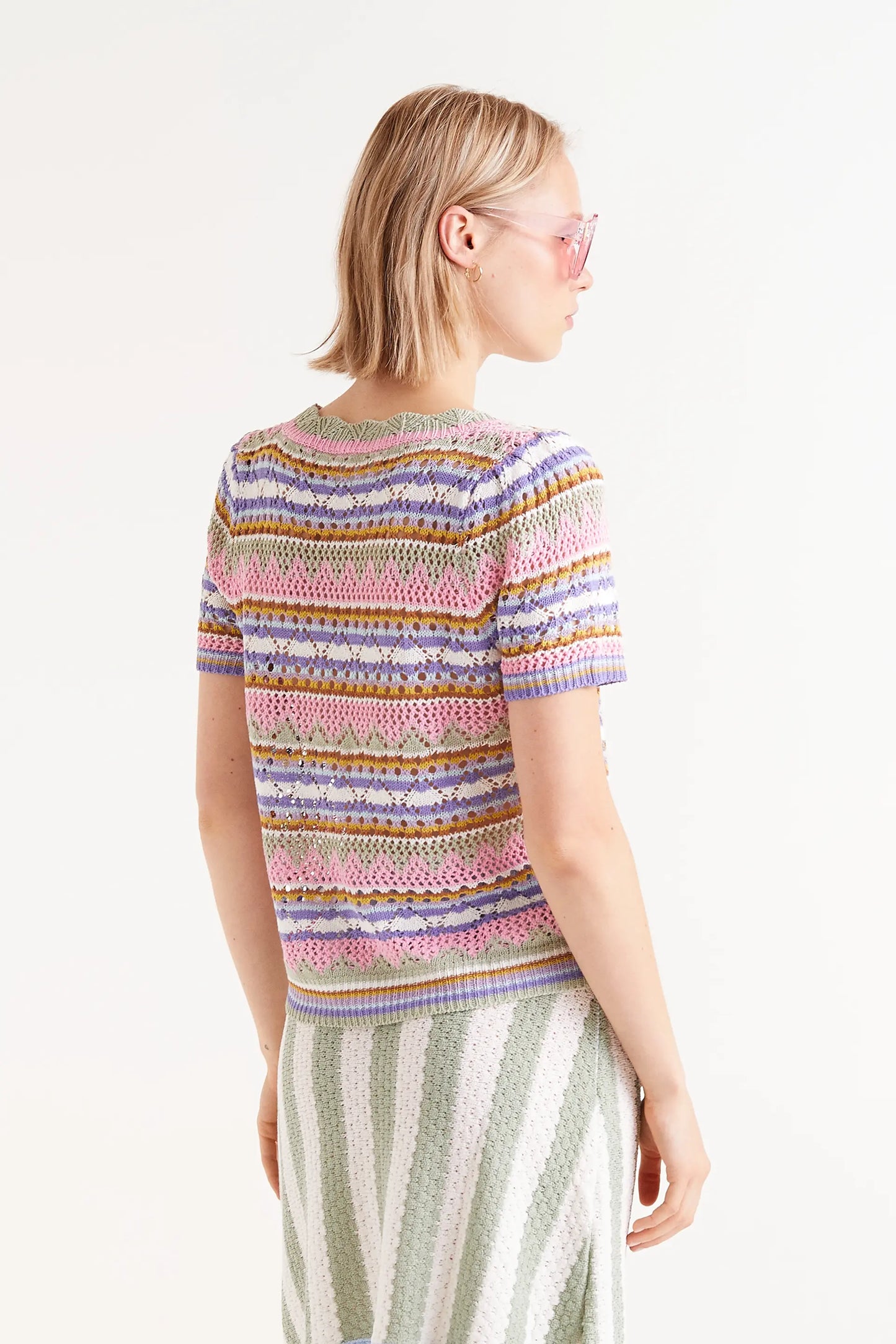 Multicolor striped openwork knit top