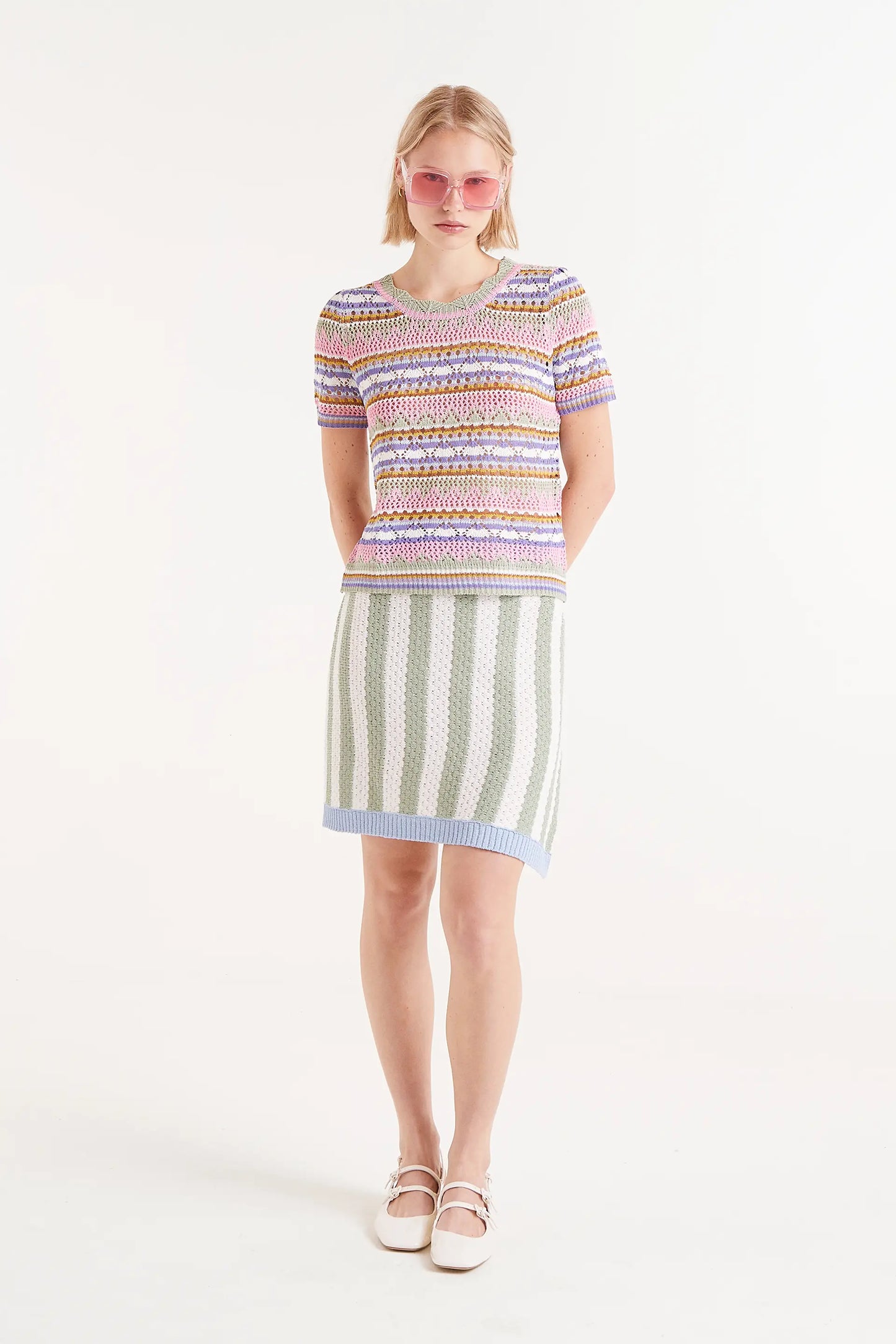 Multicolor striped openwork knit top