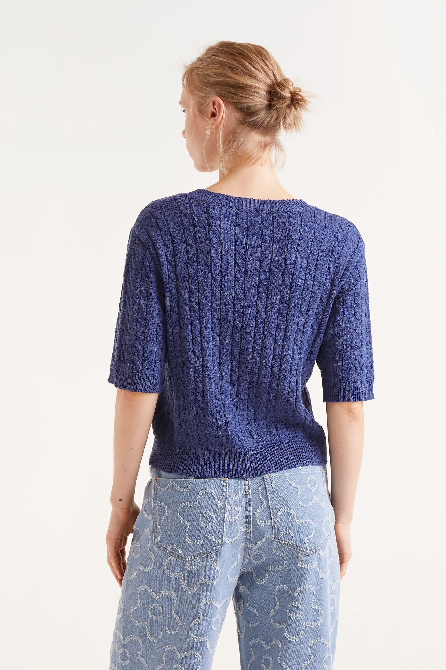 Navy blue short sleeve knit sweater