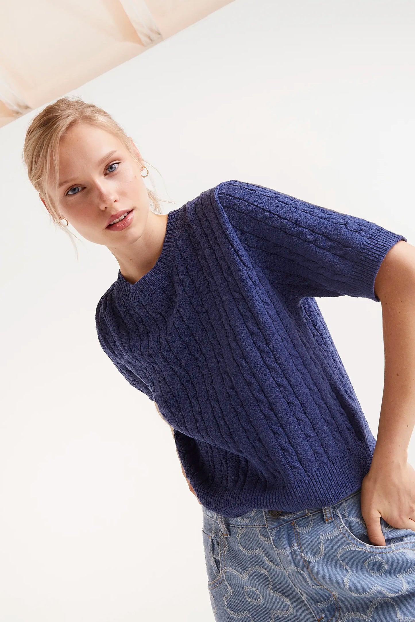 Navy blue short sleeve knit sweater