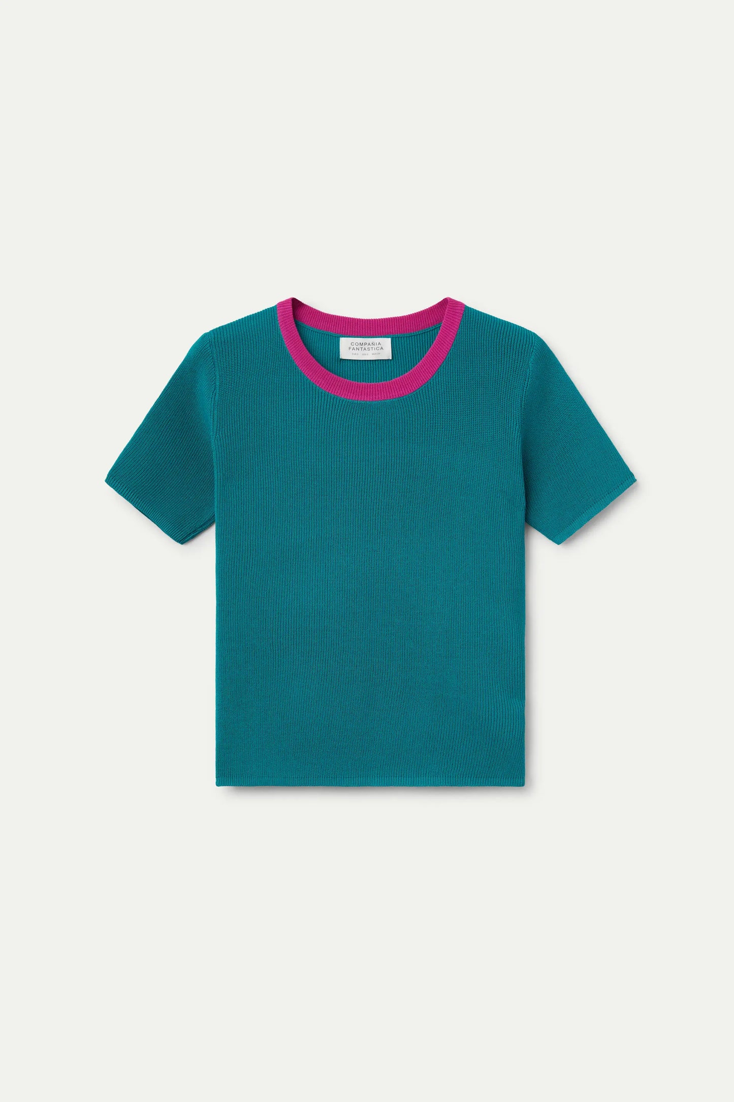 Green and pink short sleeve knit top